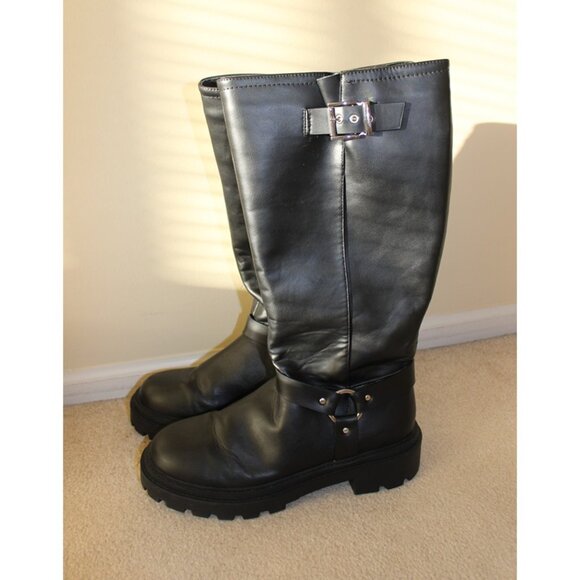 ASOS New Look, Extra Calf Fit Black Vegan Leather Knee-High Biker Boots - Picture 9 of 12